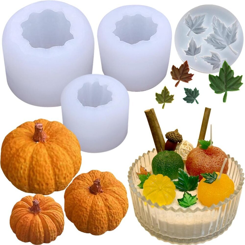 4 Pack Pumpkin Candle Molds with Leaf Mold, Set of Large + Medium + Small 3D Pum
